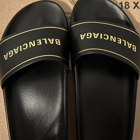Balenciaga Black and Gold Nappa Leather Slides - Picture 5 of 9
